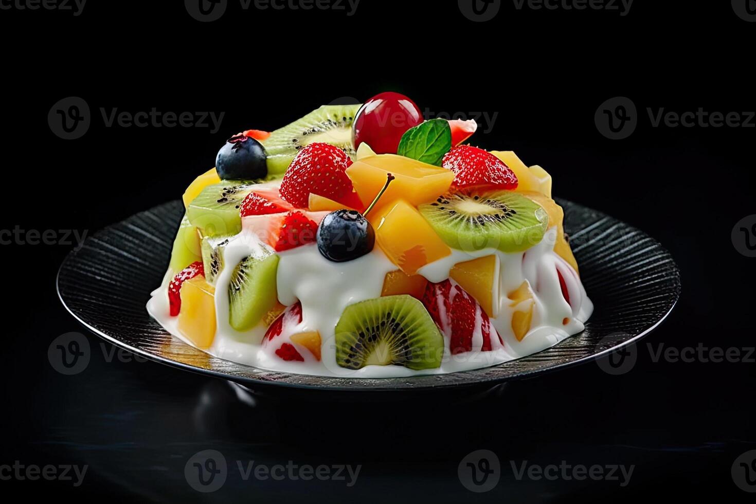 delicious fruit salad pudding on a plate, black background, illustration, photo
