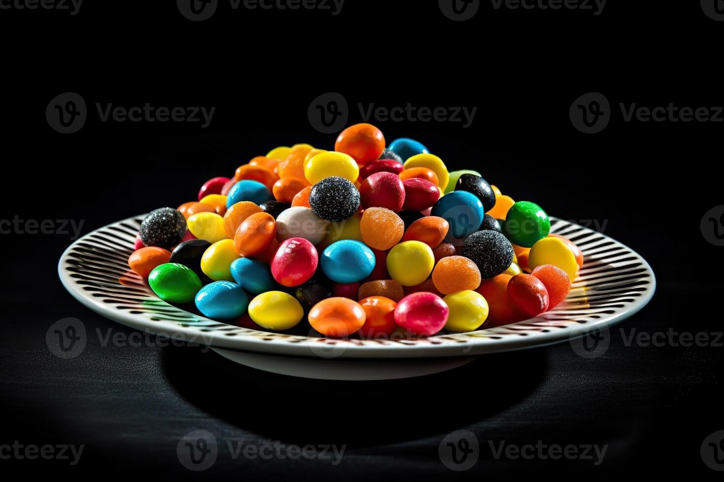 marvelous realistic colorful candies on a plate, black background, illustration, photo