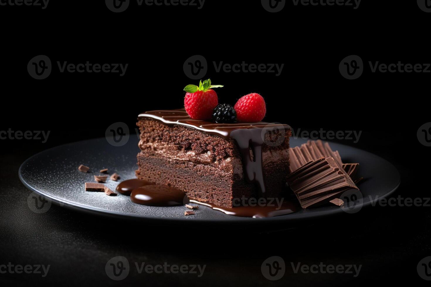 delicious dark chocolate cake on a plate, black background, illustration, photo