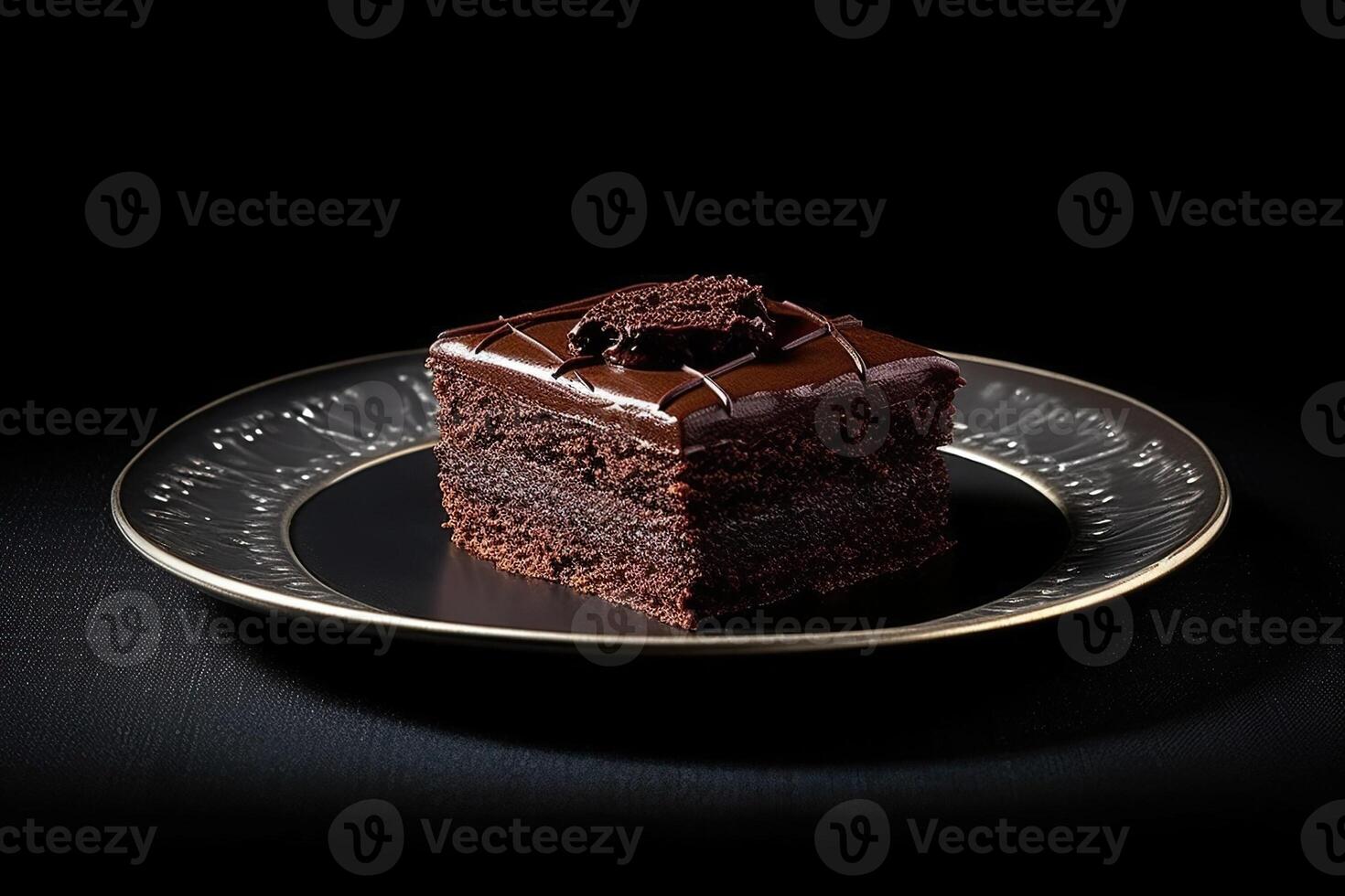 marvelous dark chocolate cake on a plate, black background, illustration, photo