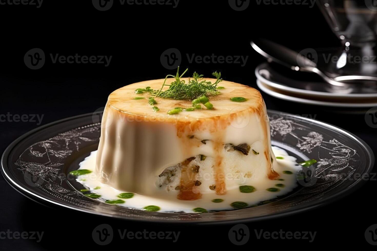 marvelous fish pudding on a plate, black background, illustration, photo