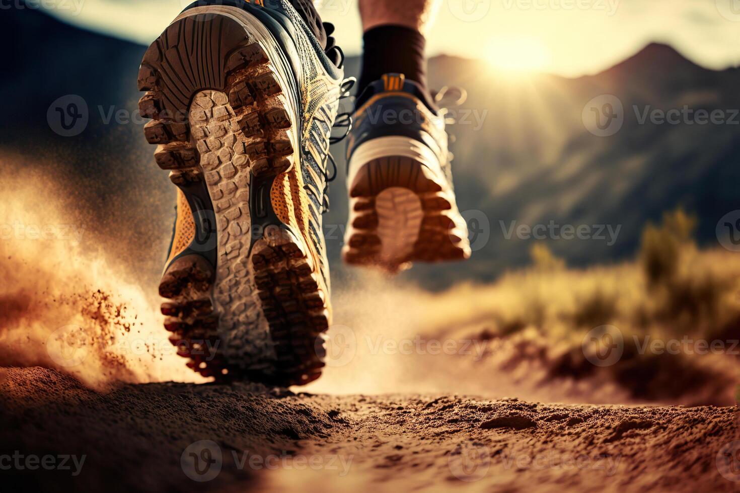 Close up at the runner feet on land. illustration. photo