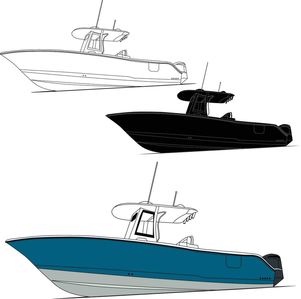 Fishing boat vector line art illustration