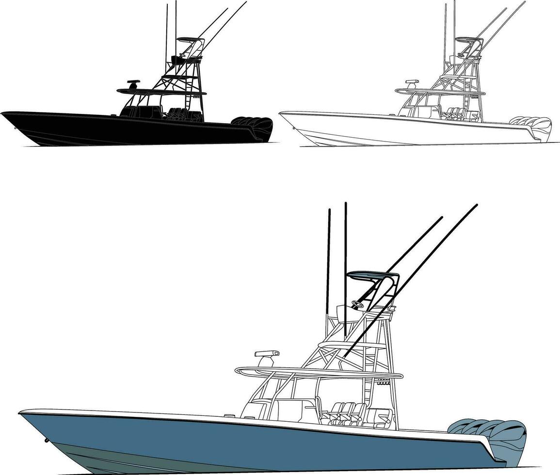 Vector, line art and color image of fishing boat on a white background. vector