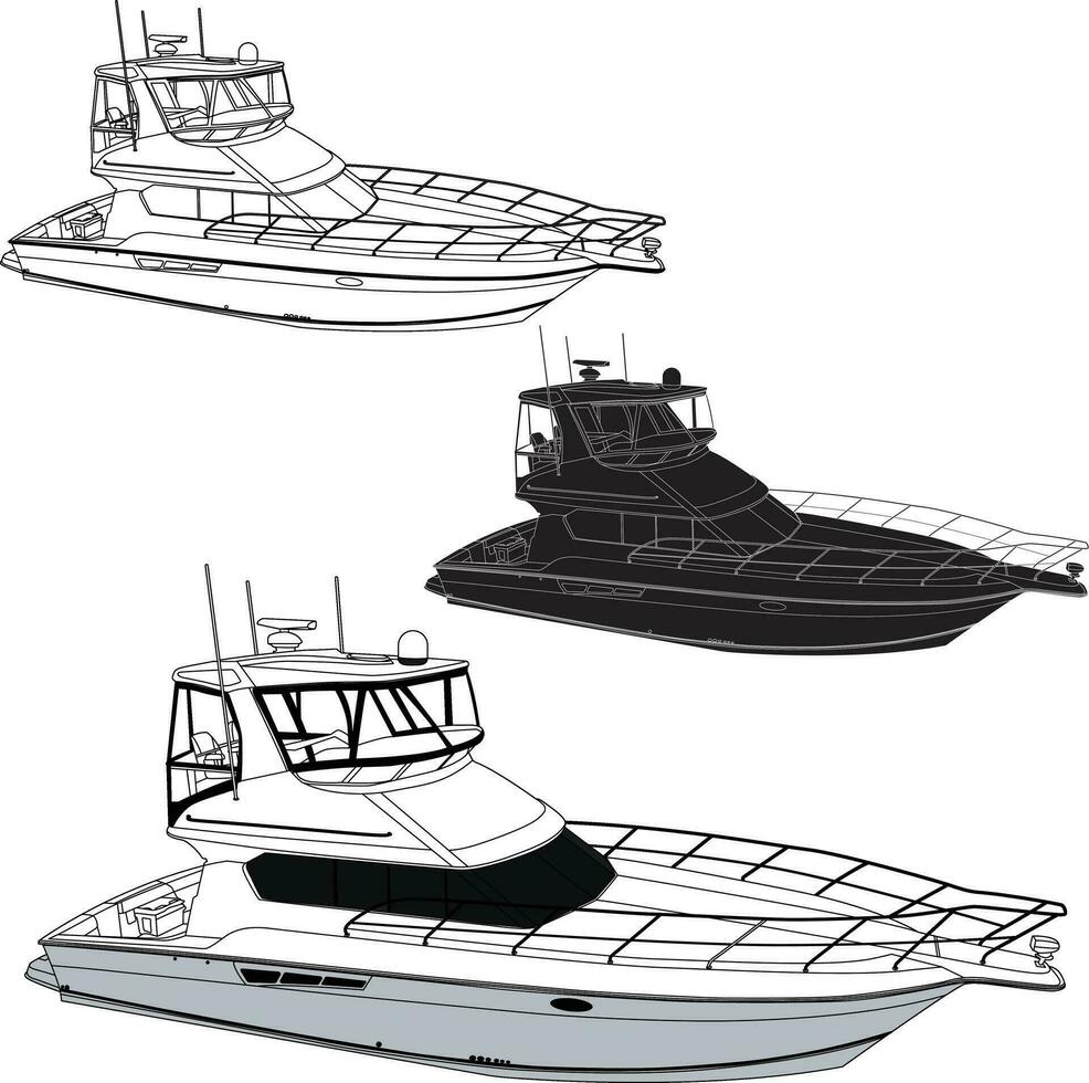 Fishing boat vector line art illustration