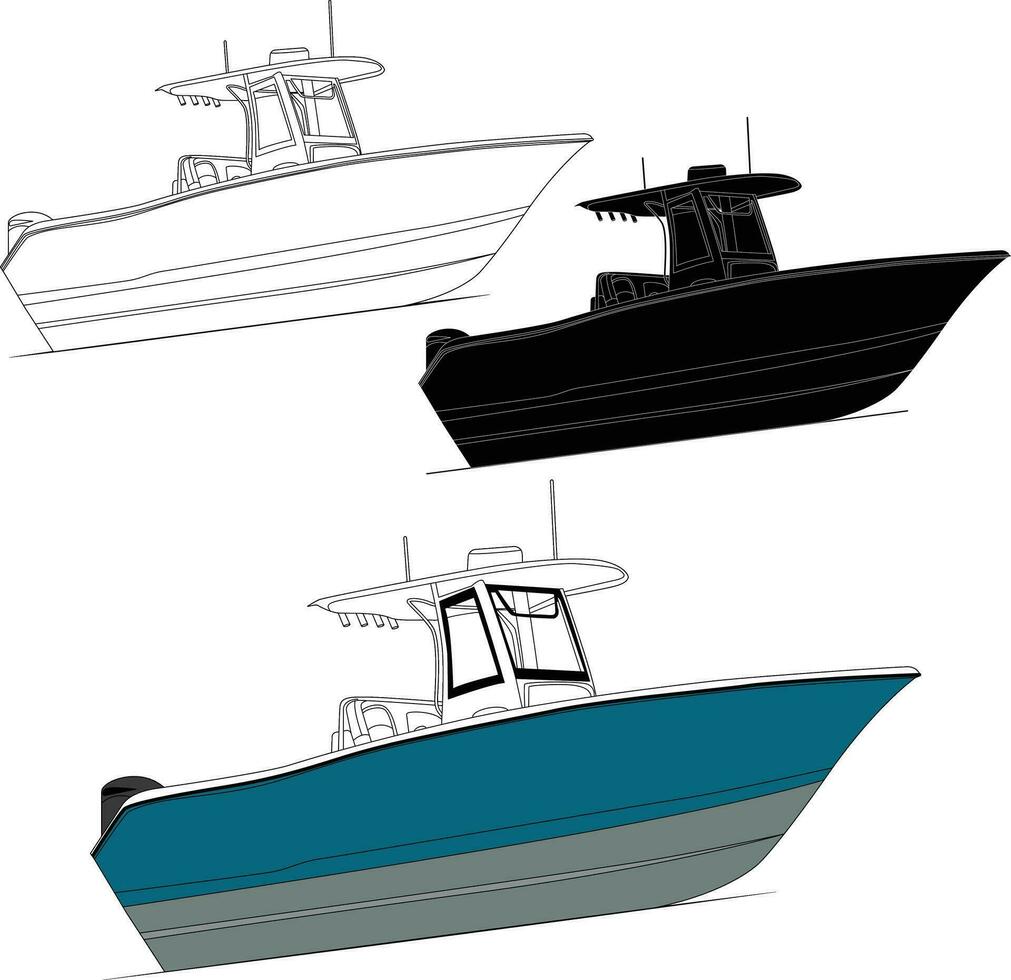 Fishing boat vector line art illustration