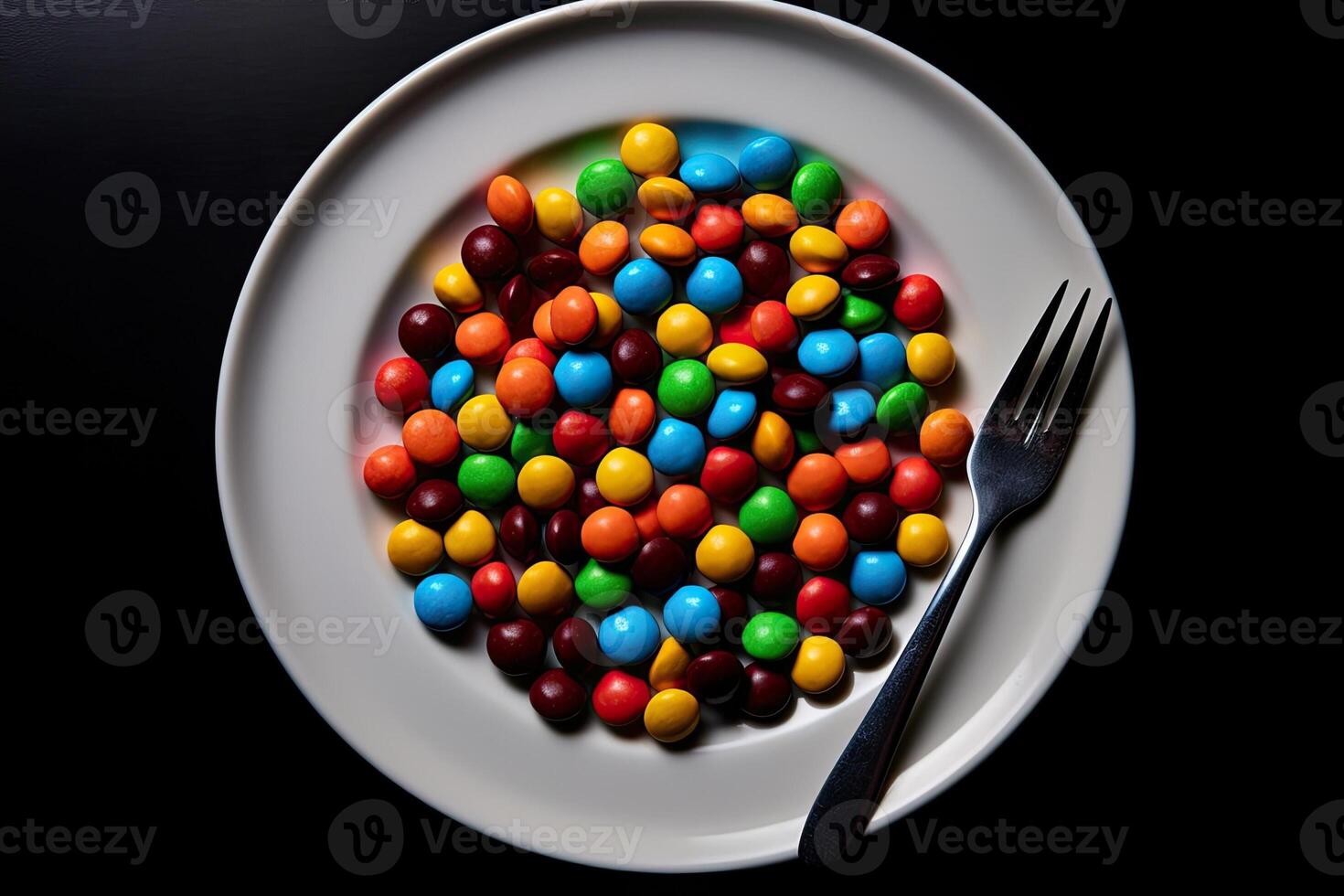 marvelous colorful Chocolates on a plate, black background, illustration, photo