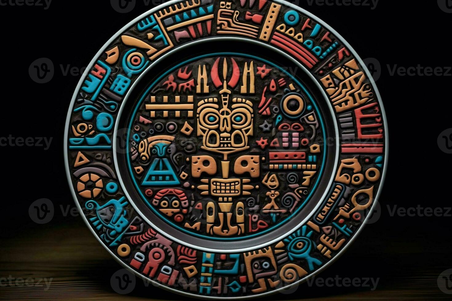 maravilloso vistoso azteca lámina, negro fondo, ilustración, generativo ai foto