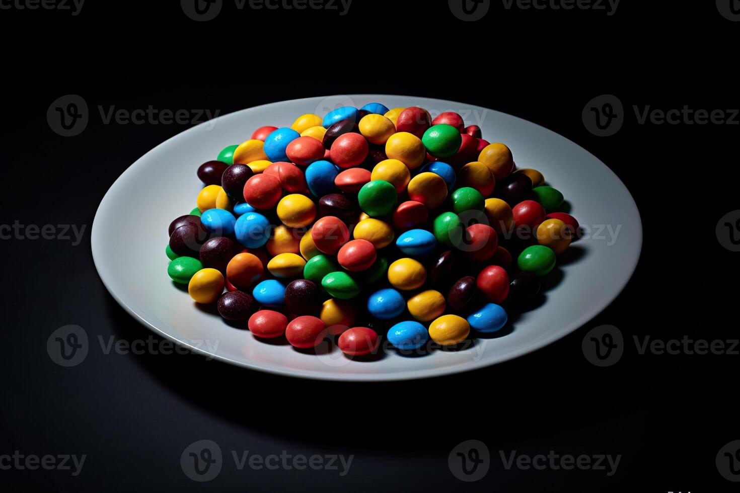 marvelous colorful Chocolates on a plate, black background, illustration, photo