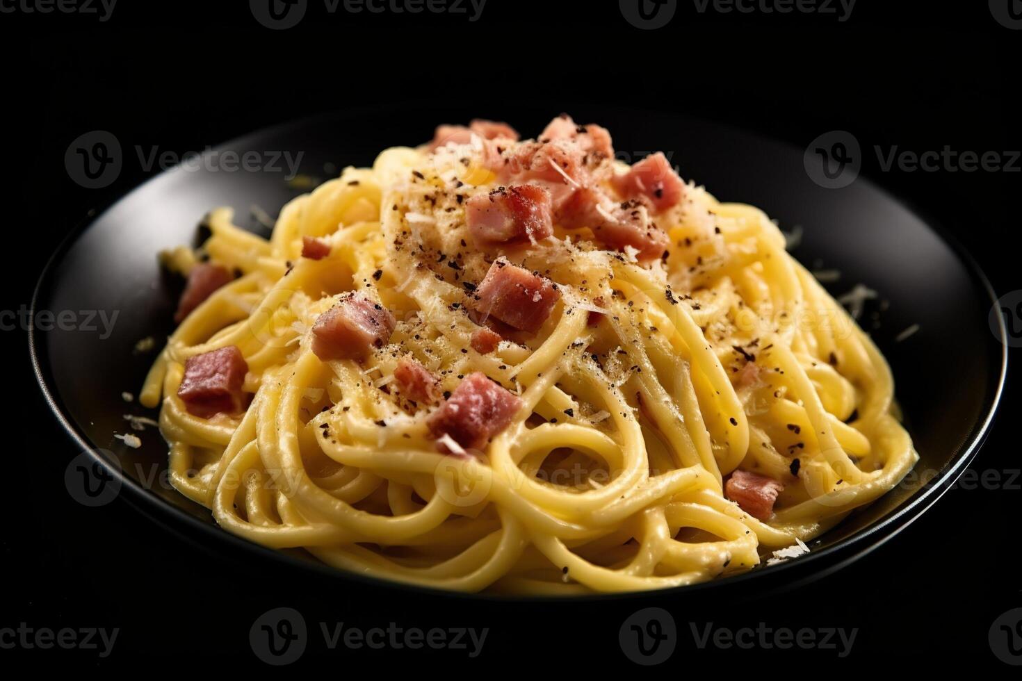 marvelous real carbonara on a plate, black background, illustration, photo