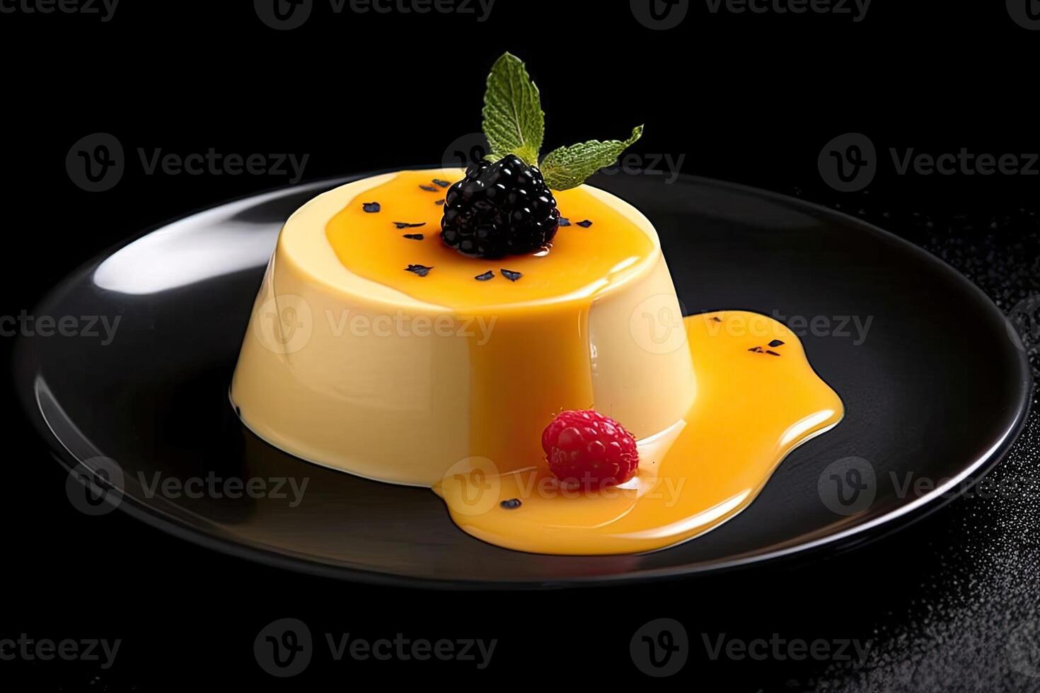 delicioso amarillo Panna cotta en un lámina, negro fondo, ilustración, generativo ai foto