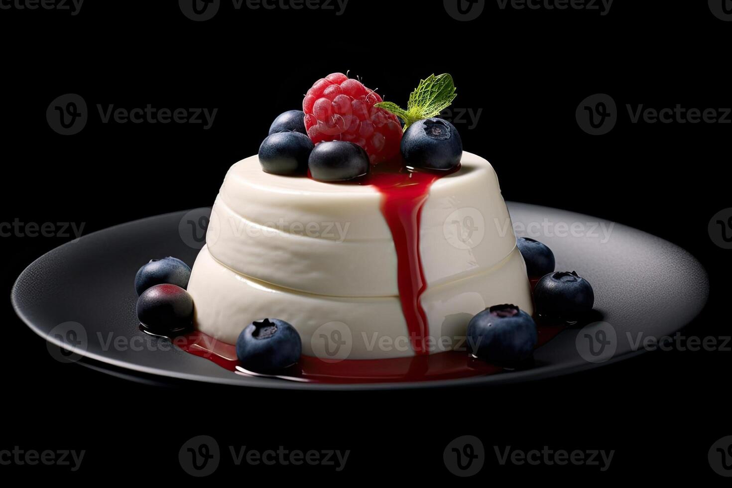 raspberry pannacotta on a plate, black background, illustration, photo