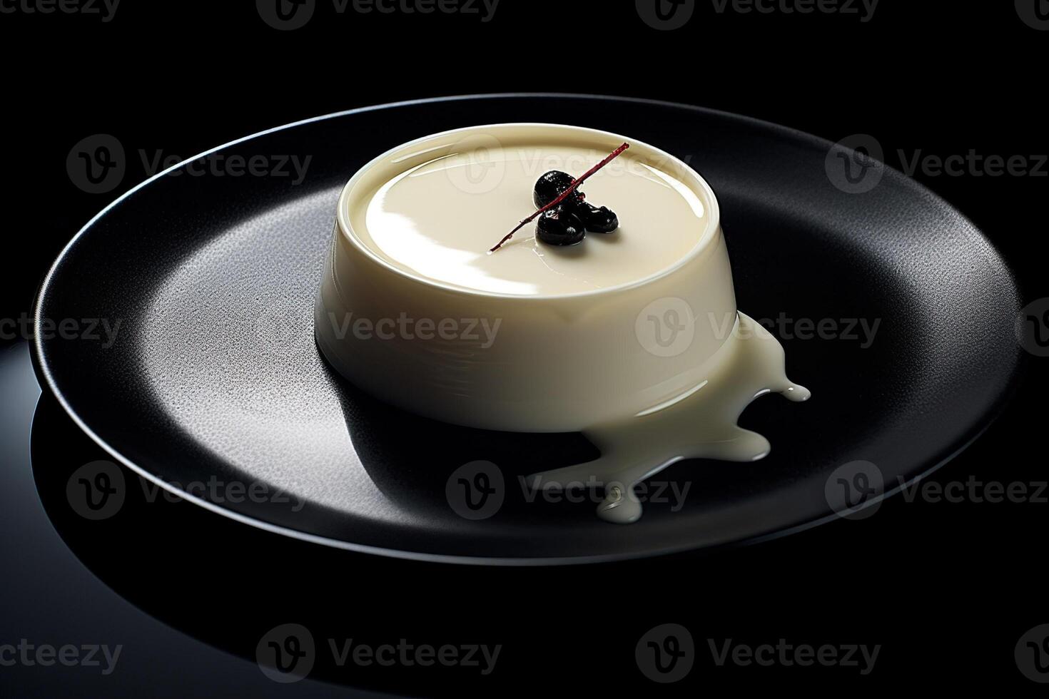 tasty vanilla pannacotta with berries on a plate, black background, illustration, photo