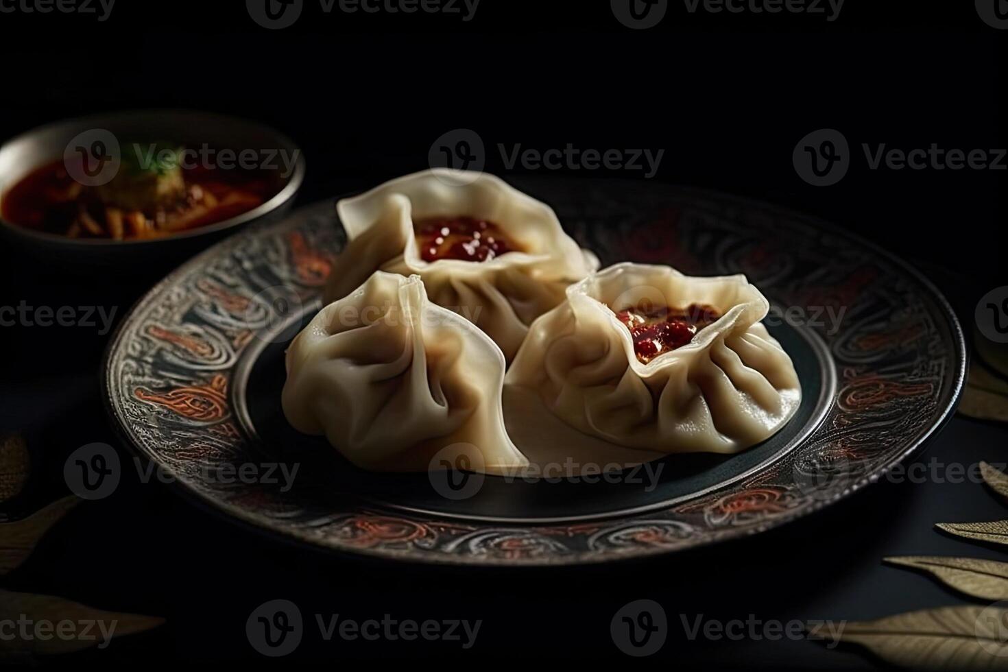 tibetan momo dumplings on a plate, black background, illustration, photo