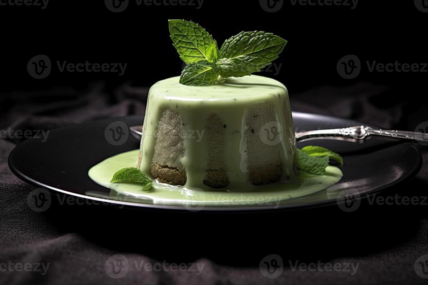 tasty basil pudding on a plate, black background, illustration, photo