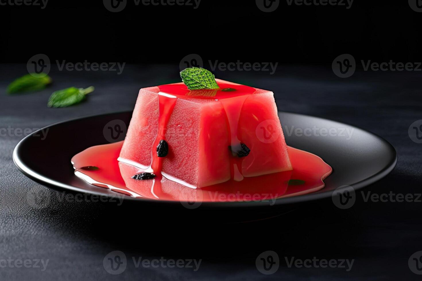 watermelon pudding on a plate, black background, illustration, photo