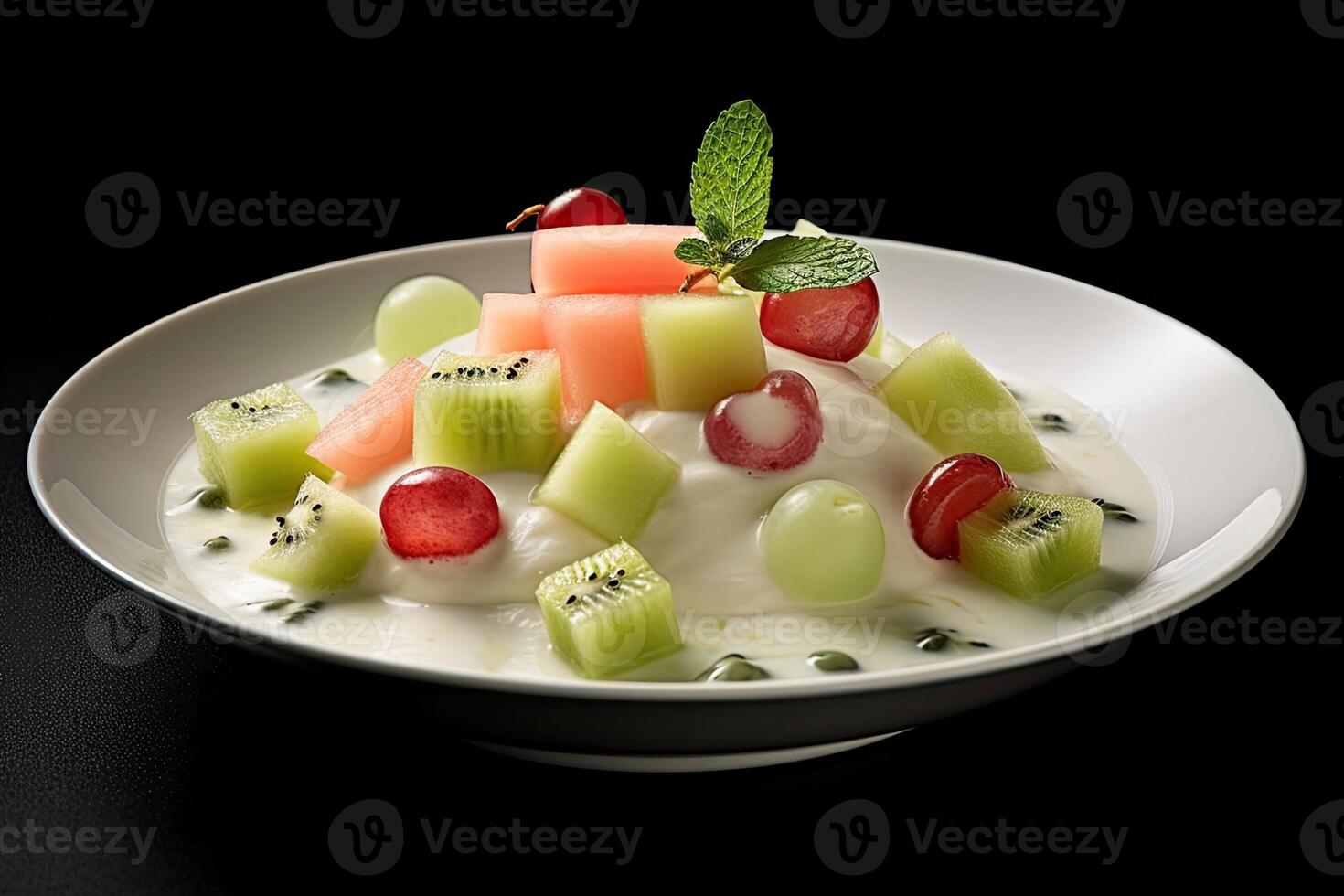 beautiful melon salad pudding on a plate, black background, illustration, photo
