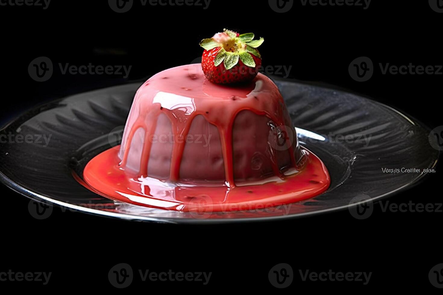 tasty strawberry pudding on a plate, black background, illustration, photo