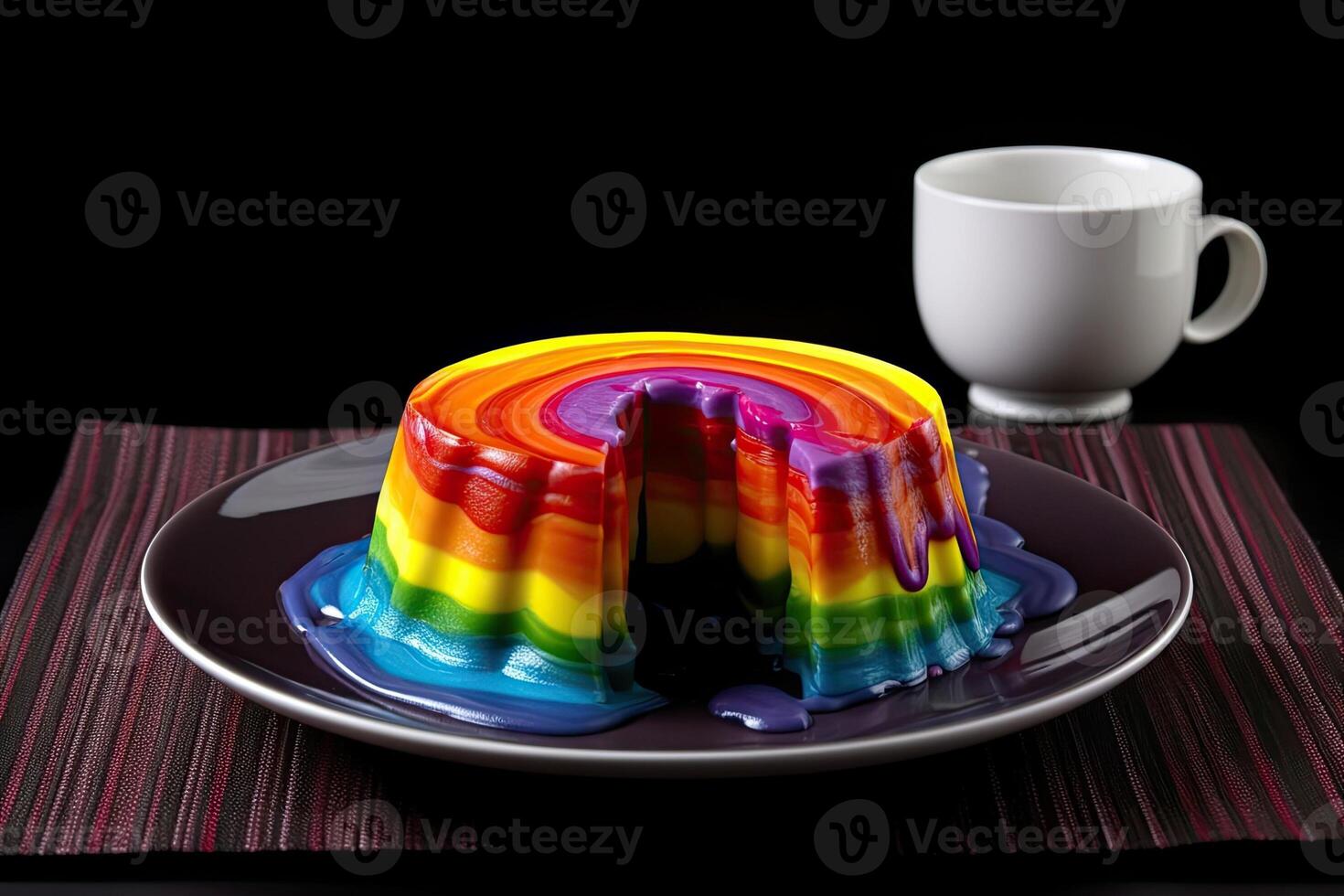delicious rainbow pudding on a plate, black background, illustration, photo