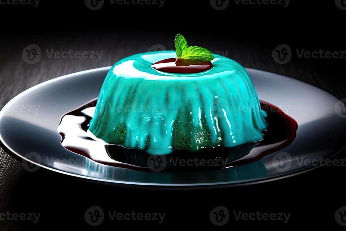 spiruline pudding on a plate, black background, illustration, photo