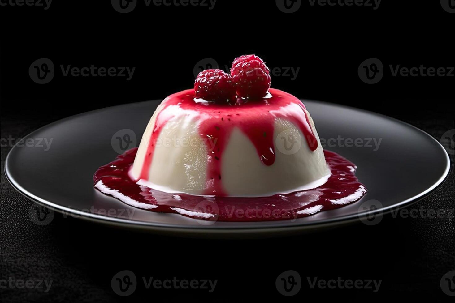 marvelous raspberry pudding on a plate, black background, illustration, photo