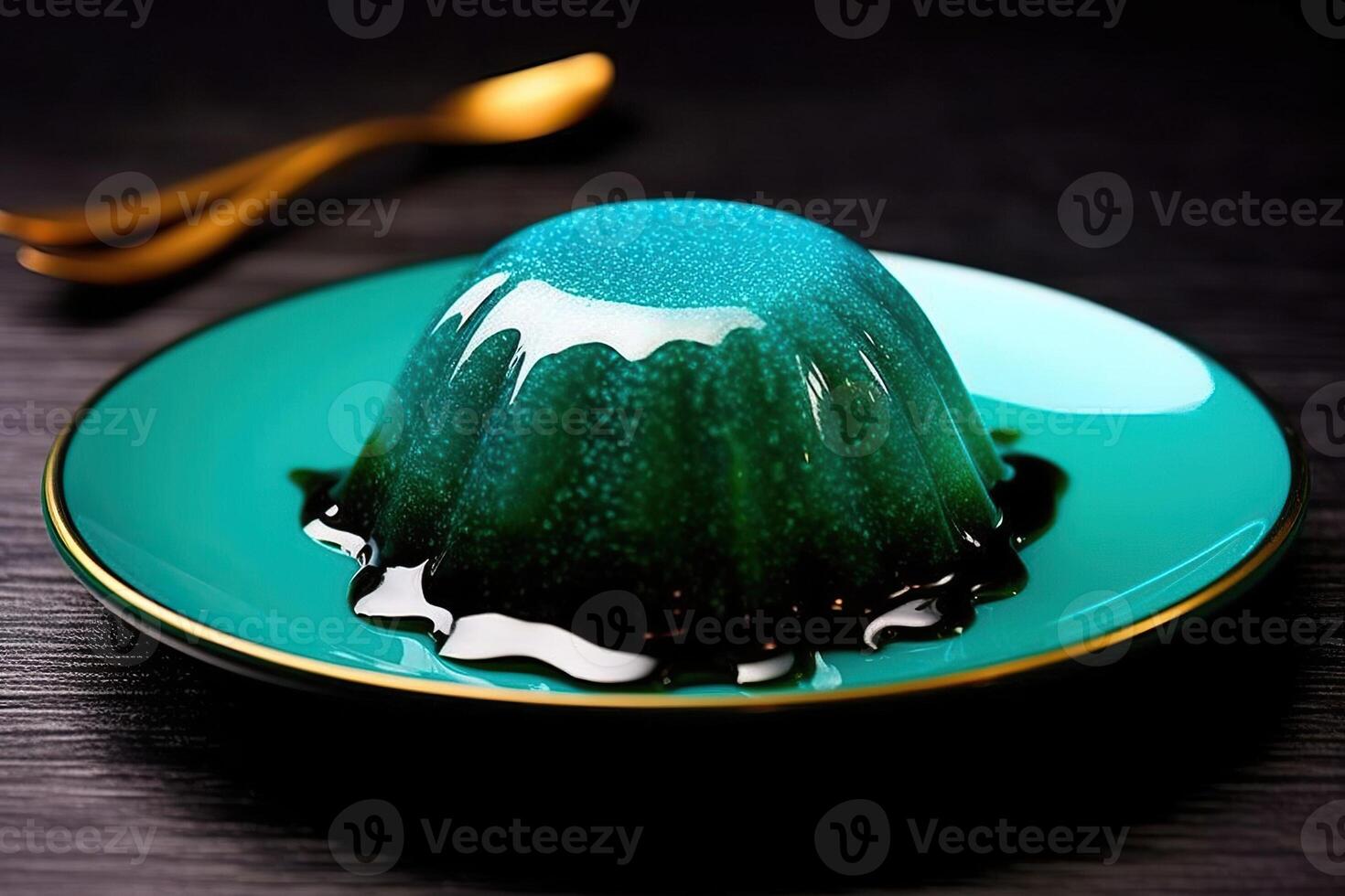 tasty spiruline pudding on a plate, black background, illustration, photo