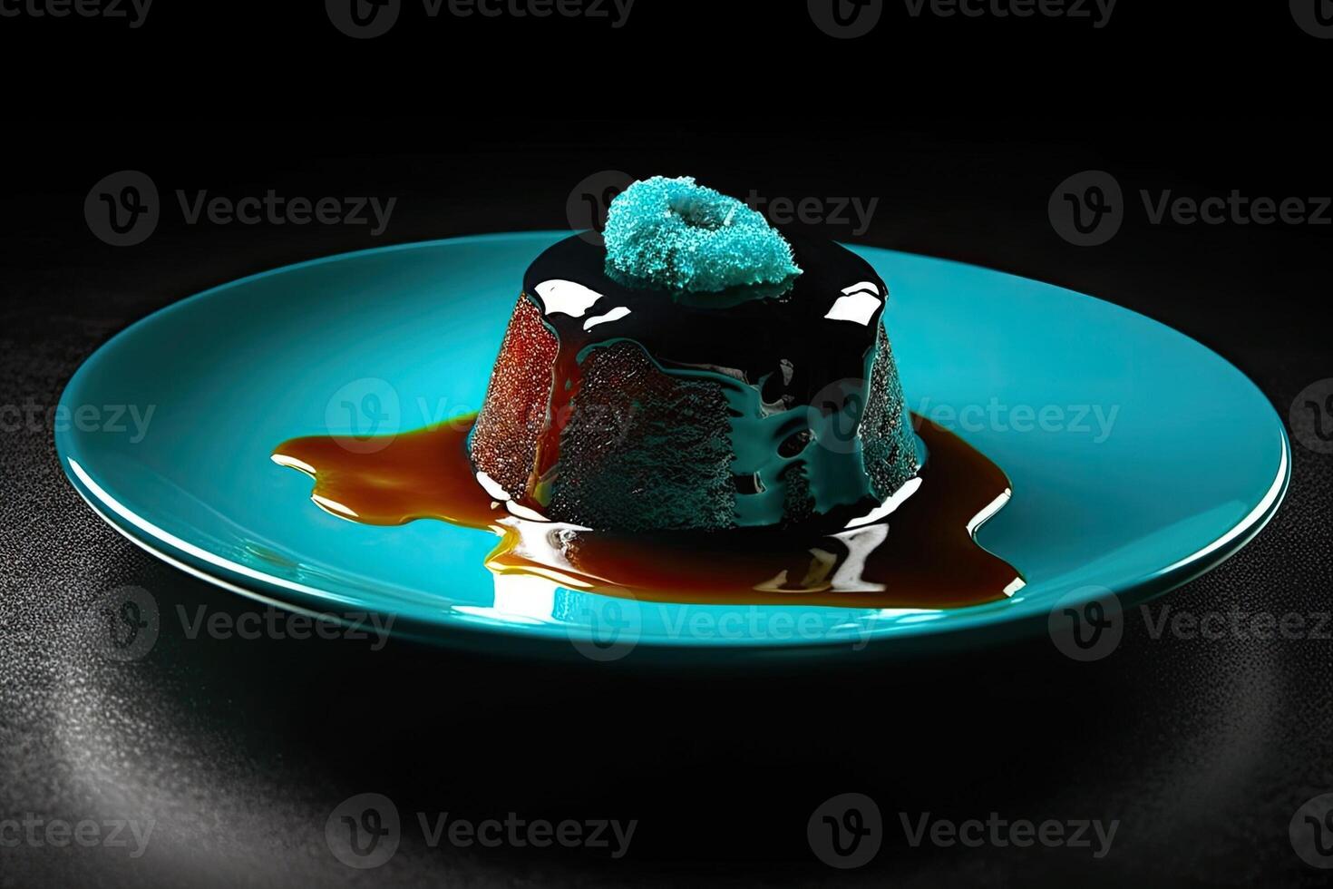 delicious spiruline pudding on a plate, black background, illustration, photo
