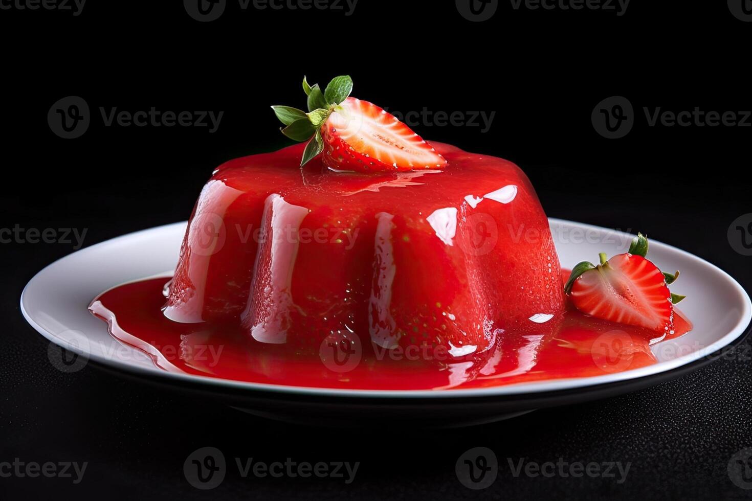 delicious strawberry pudding on a plate, black background, illustration, photo