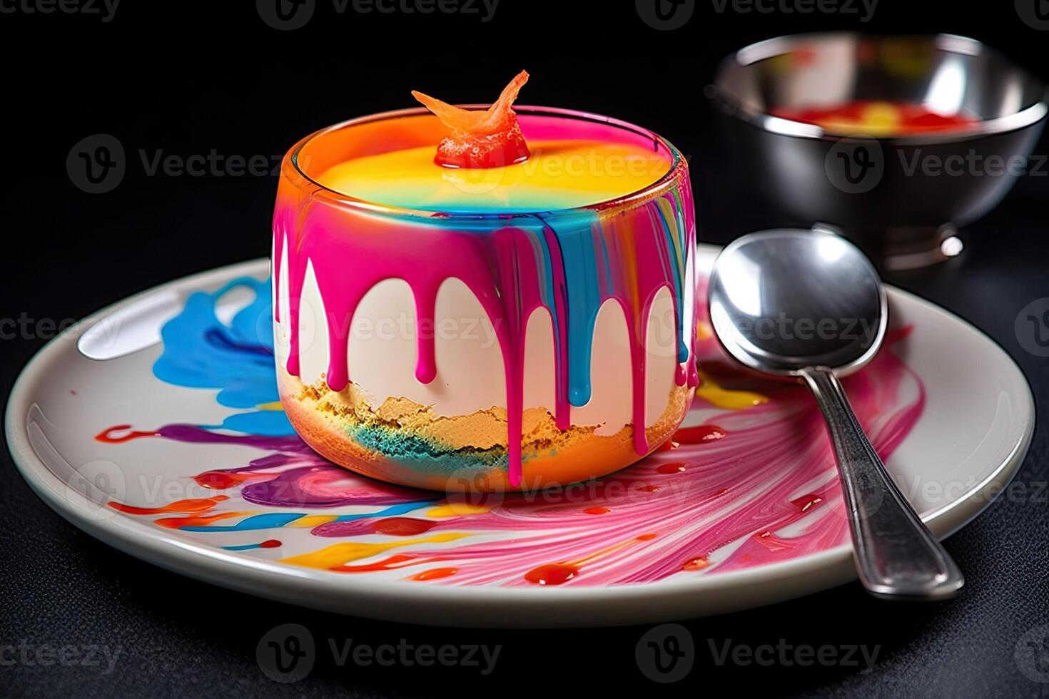 colorful pannacotta on a plate, black background, illustration, photo