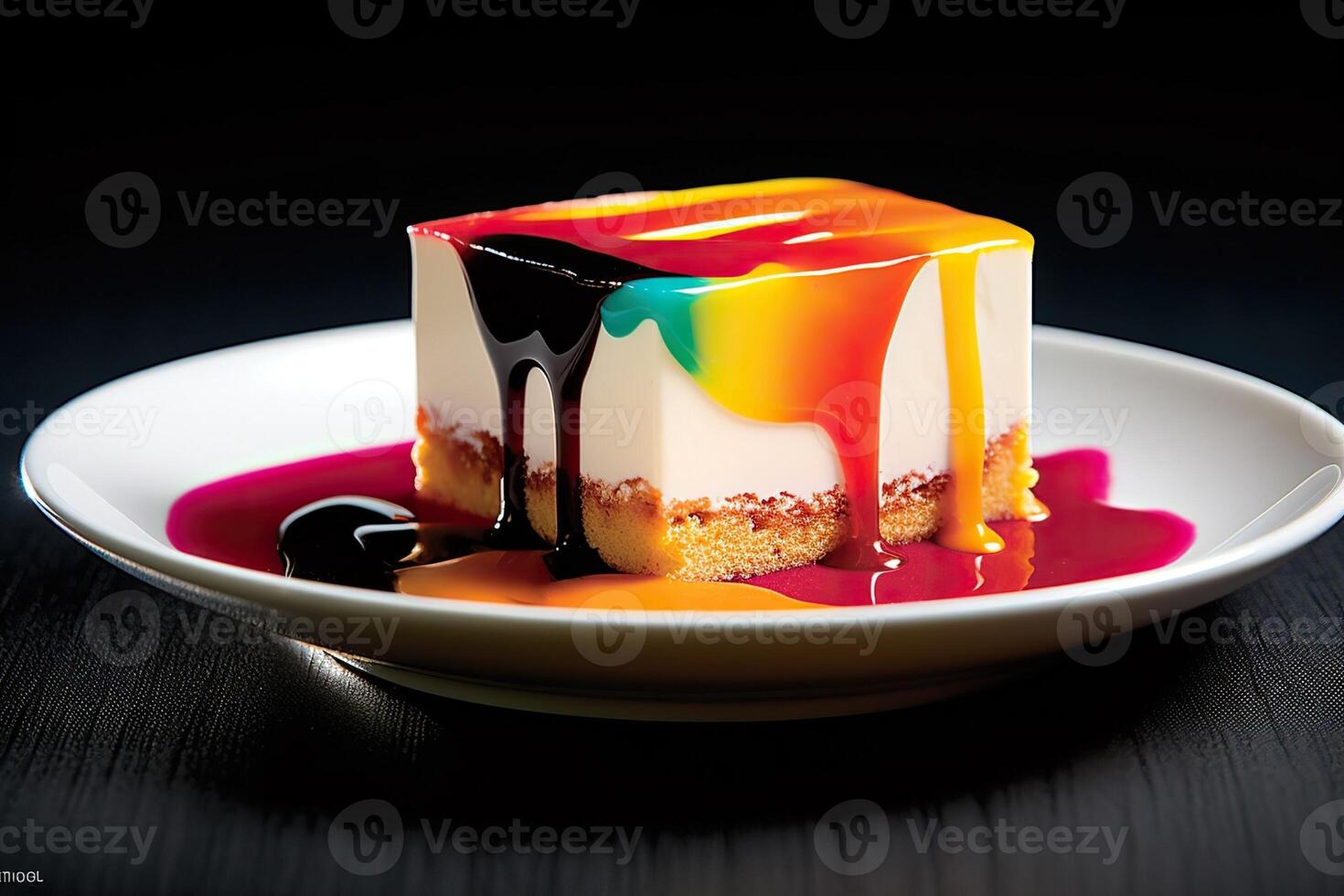 marvelous colorful pannacotta on a plate, black background, illustration, photo