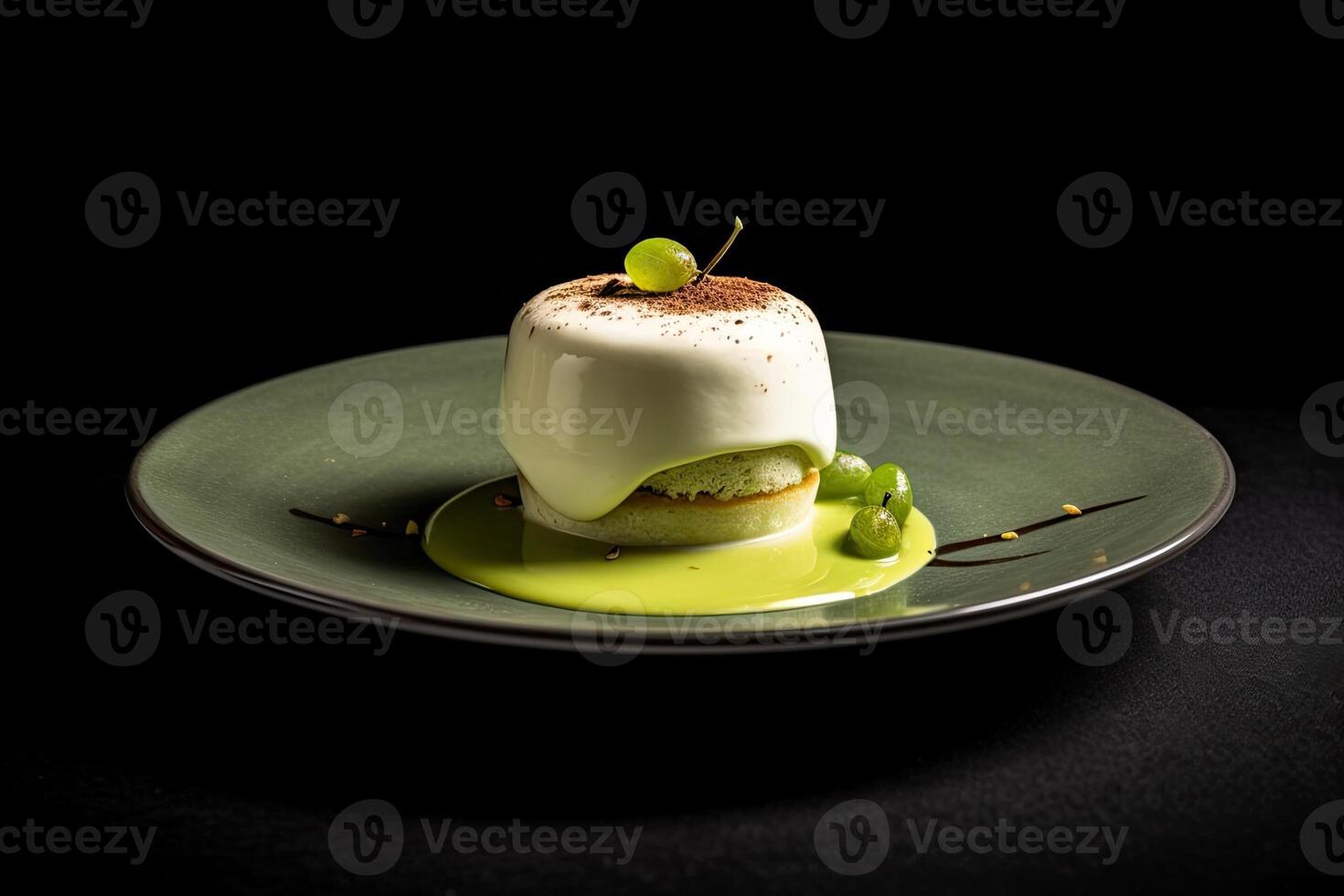 tasty pistachio pudding on a plate, black background, illustration, photo