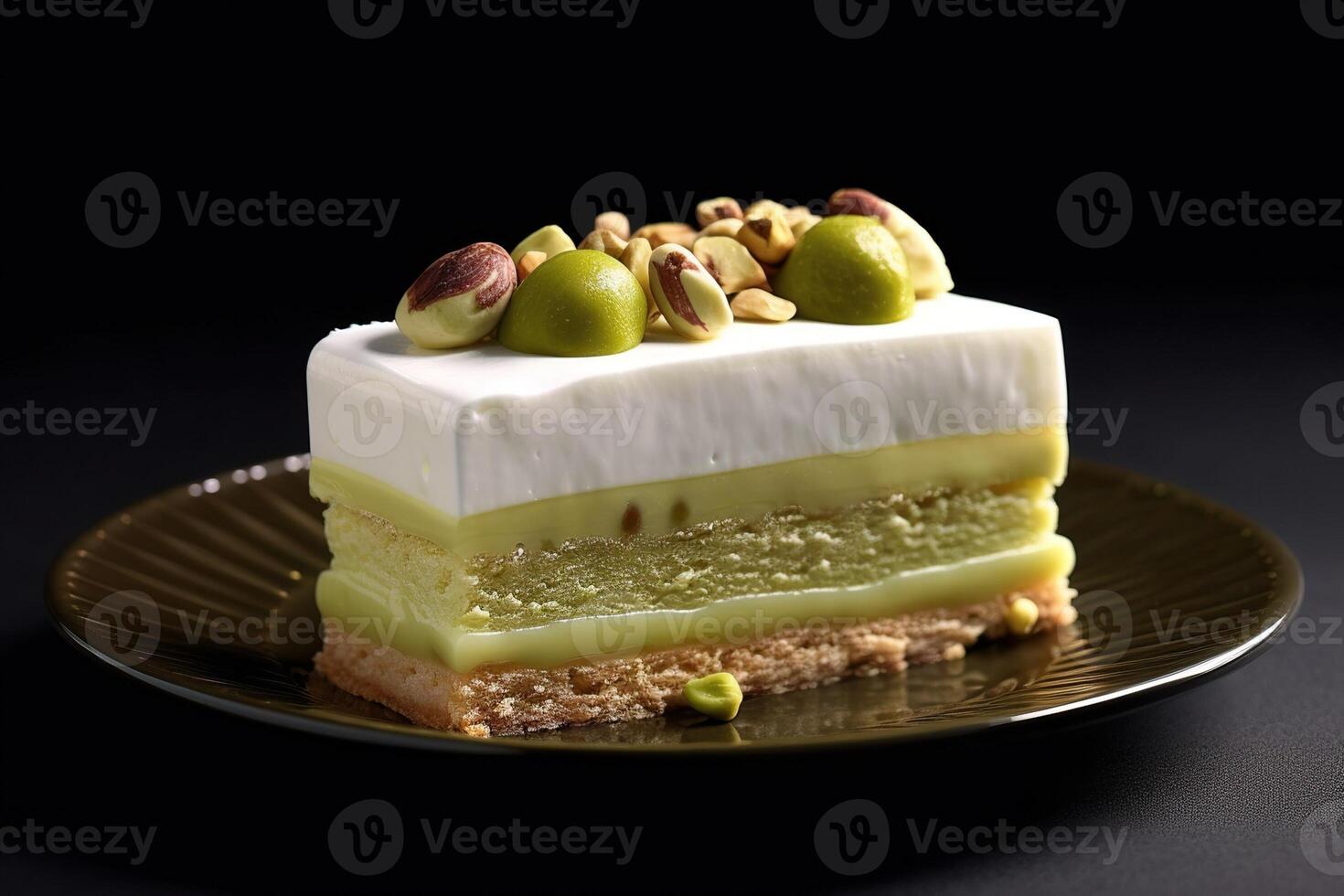 marvelous pistachio cake on a plate, black background, illustration, photo