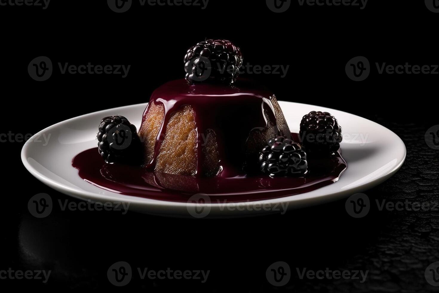 tasty mulberry pudding on a plate, black background, illustration, photo