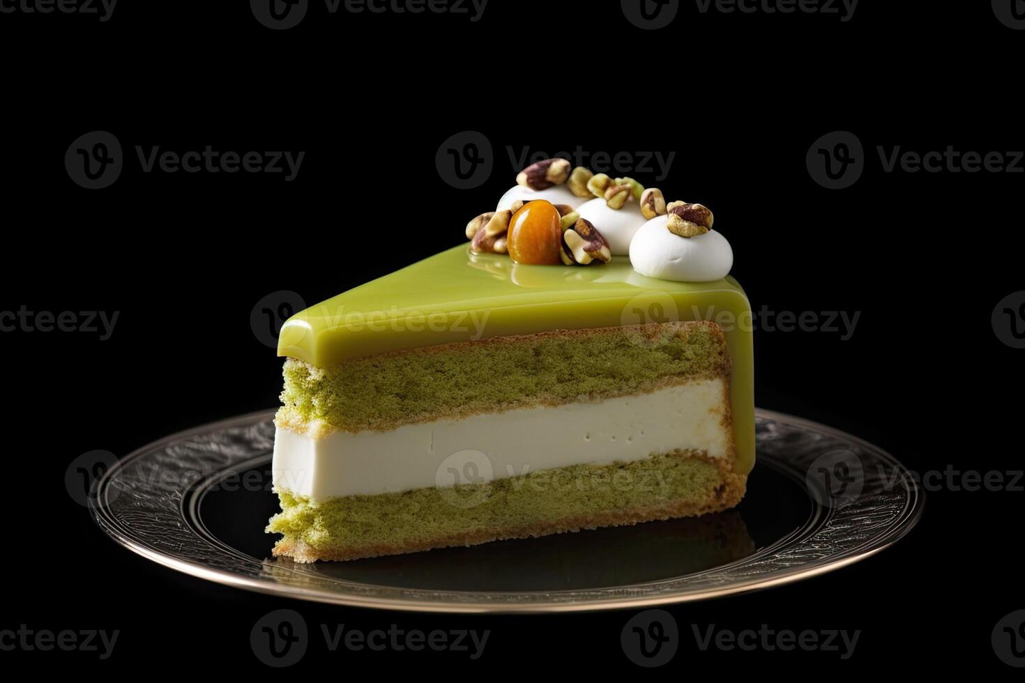 delicious pistachio cake on a plate, black background, illustration, photo