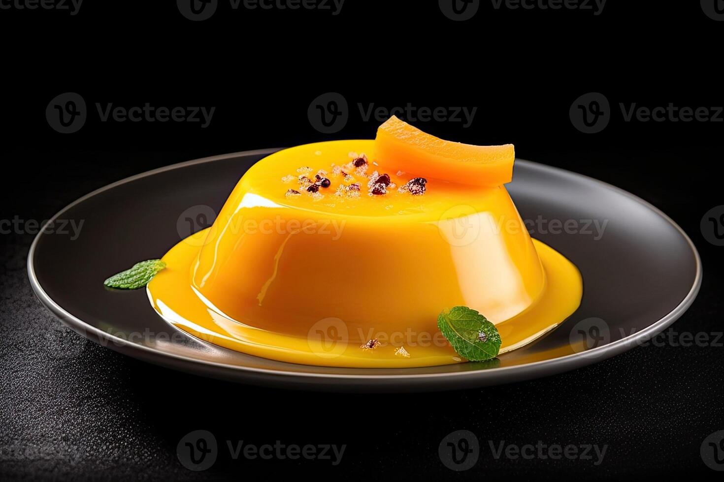 mango pudding on a plate, black background, illustration, photo