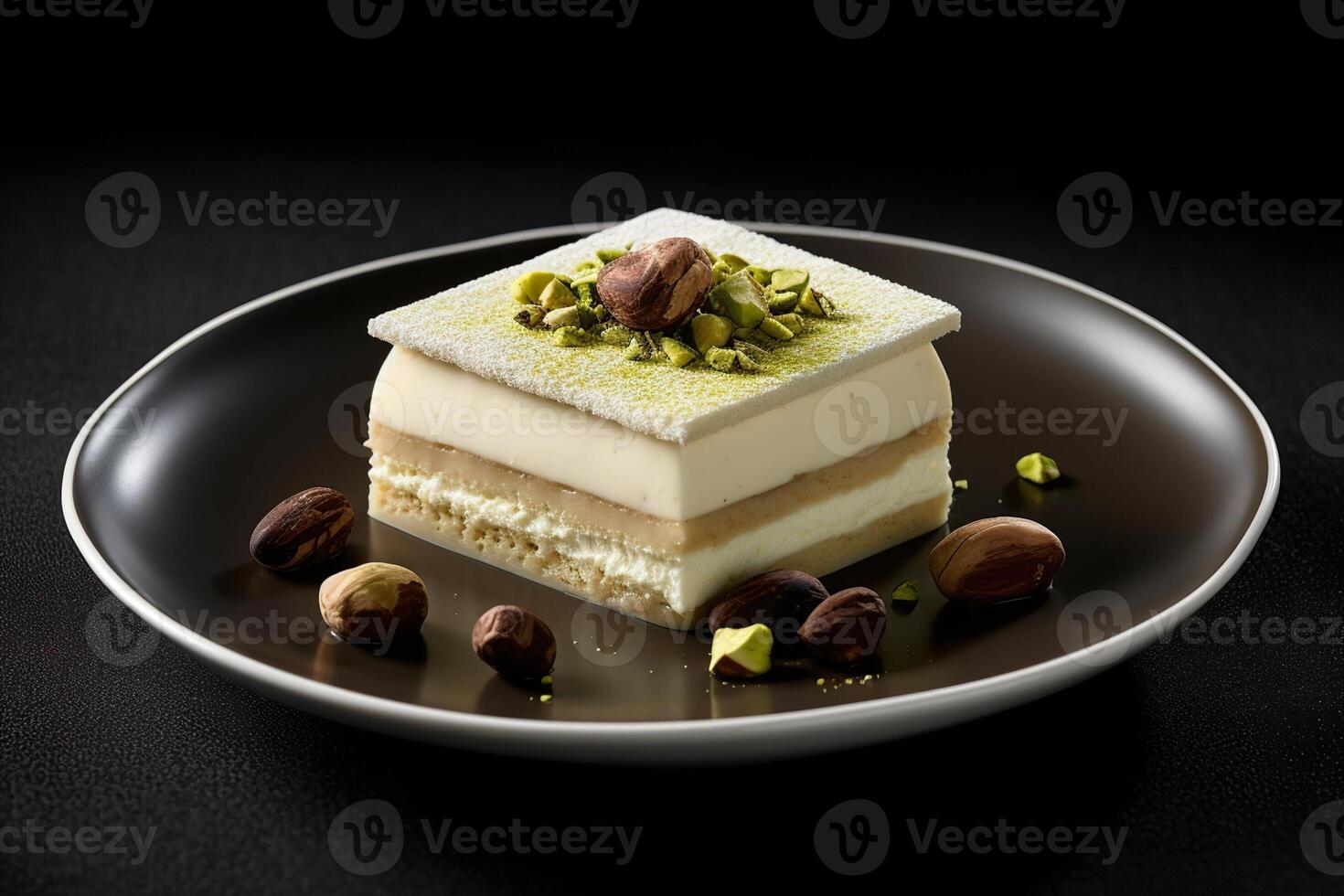 marvelous pistachio tiramisu on a plate, black background, illustration, photo
