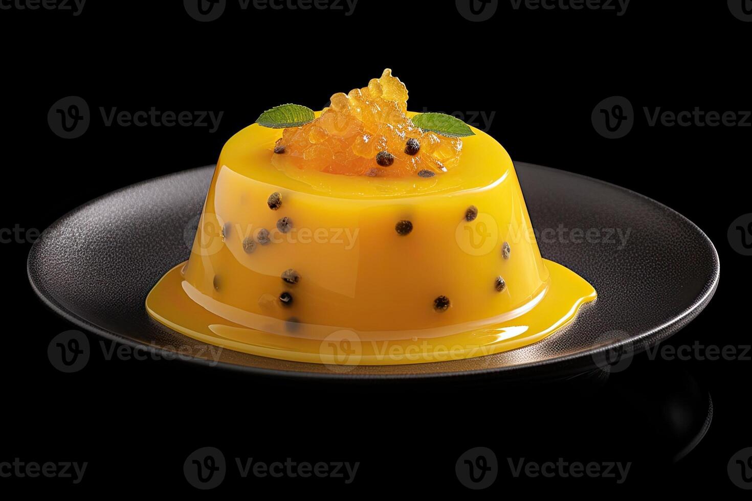 passion fruit pudding on a plate, black background, illustration, photo