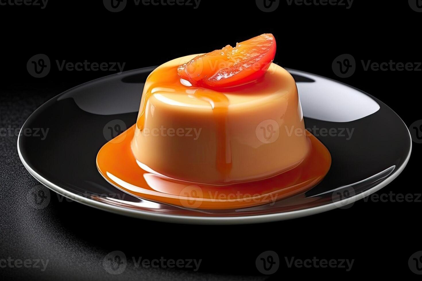 peach pudding on a plate, black background, illustration, photo