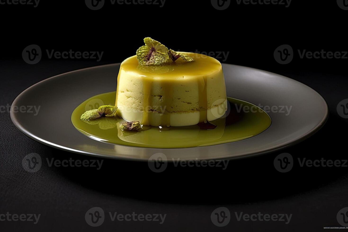 pistachio pudding on a plate, black background, illustration, photo