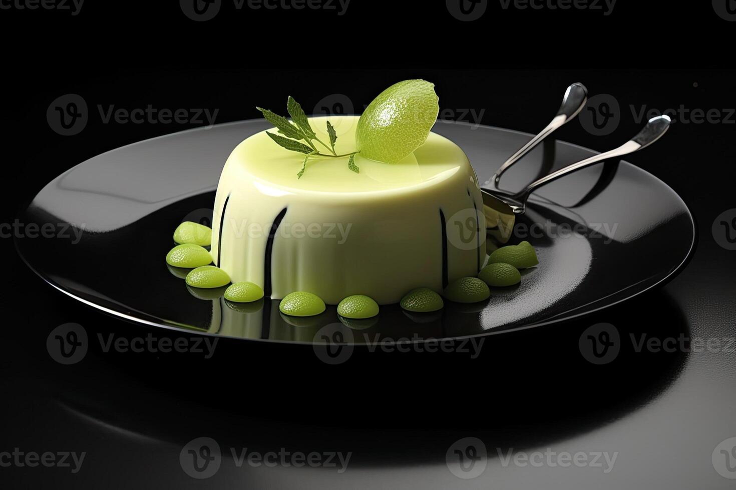 lime pudding on a plate, black background, illustration, photo