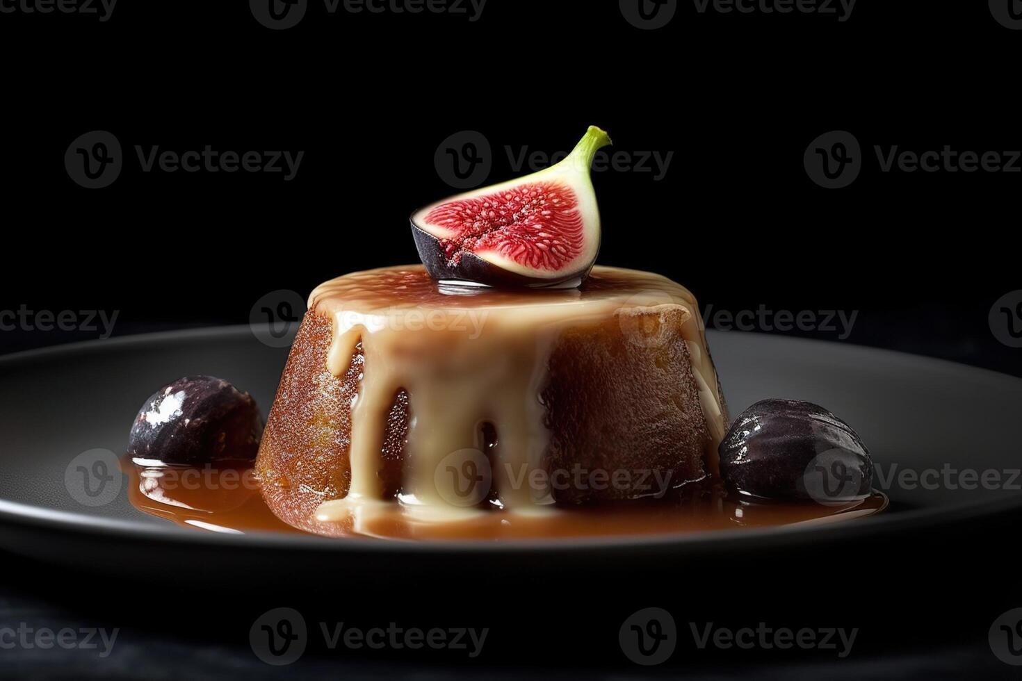 marvelous fig pudding on a plate, black background, illustration, photo