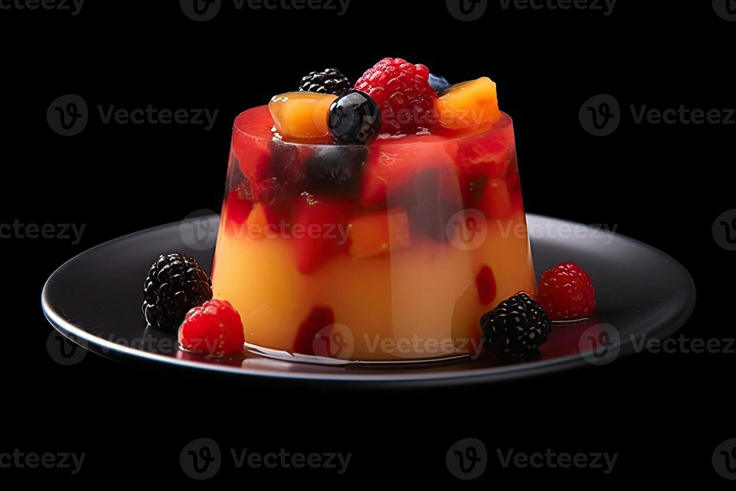 tasty fruit pudding on a plate, black background, illustration, photo