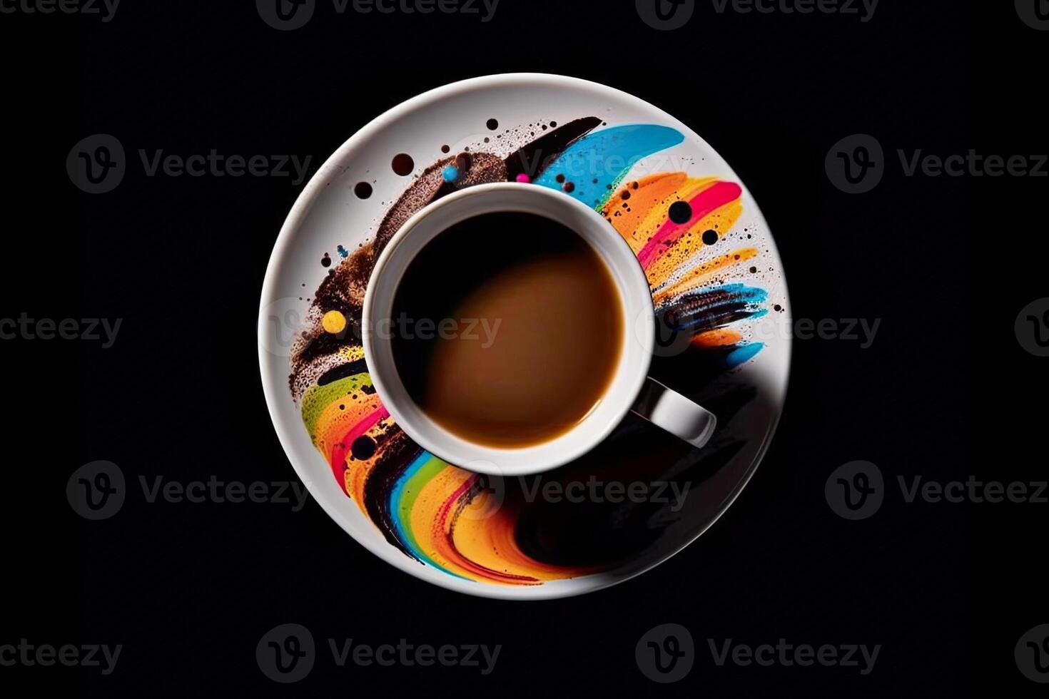 marvelous colorful coffee on a plate, black background, illustration, photo
