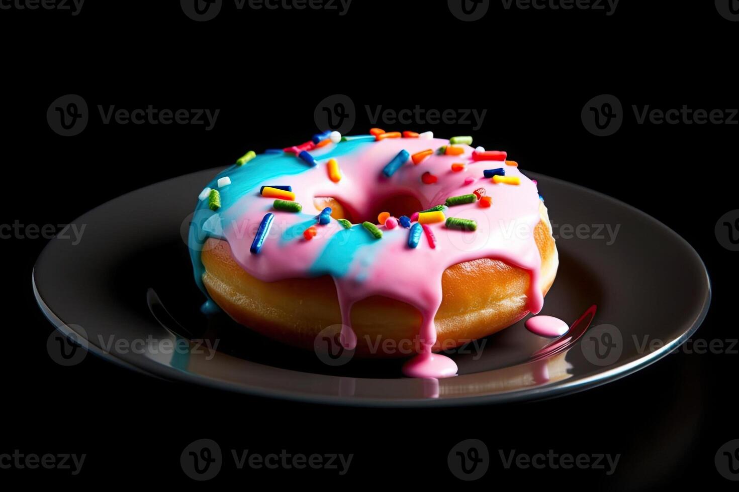 delicioso vistoso rosquilla en un lámina, negro fondo, ilustración, generativo ai foto