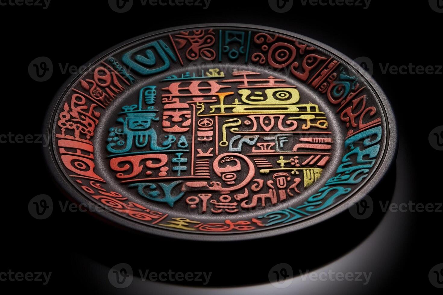marvelous colorful maya plate, black background, illustration, photo