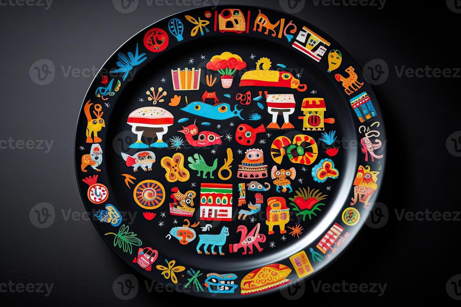 marvelous realistic mexican colorful plate, black background, illustration, photo