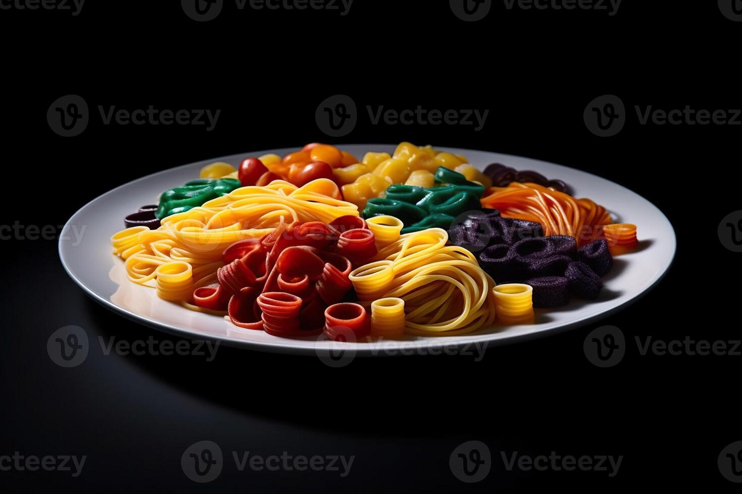 marvelous colorful pasta on a plate, black background, illustration, photo