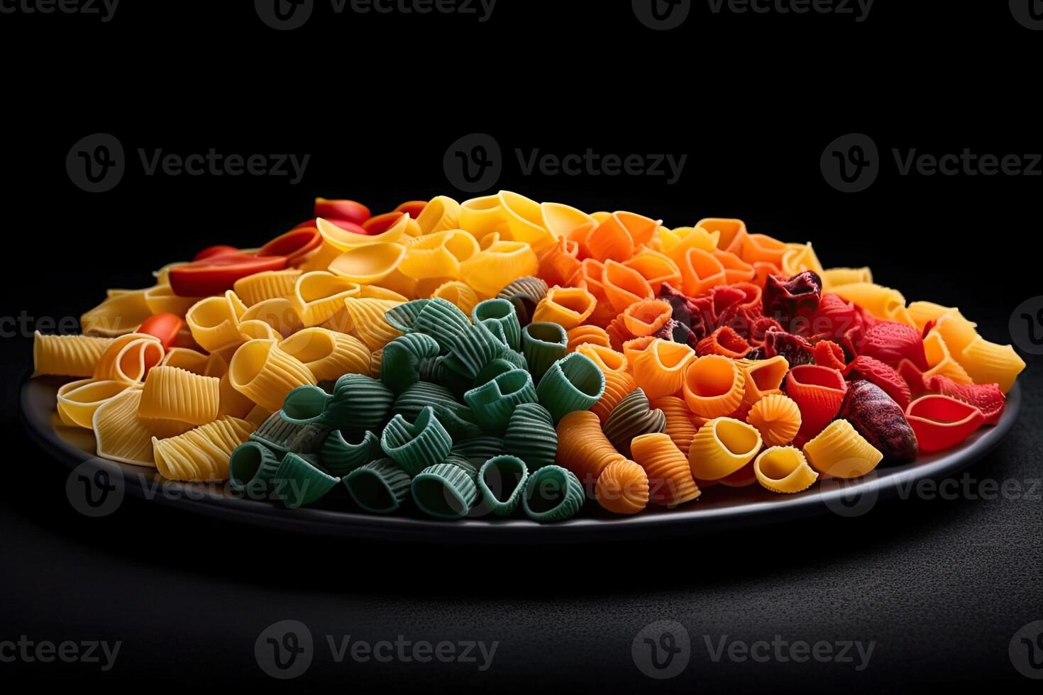marvelous colorful pasta on a plate, black background, illustration, photo