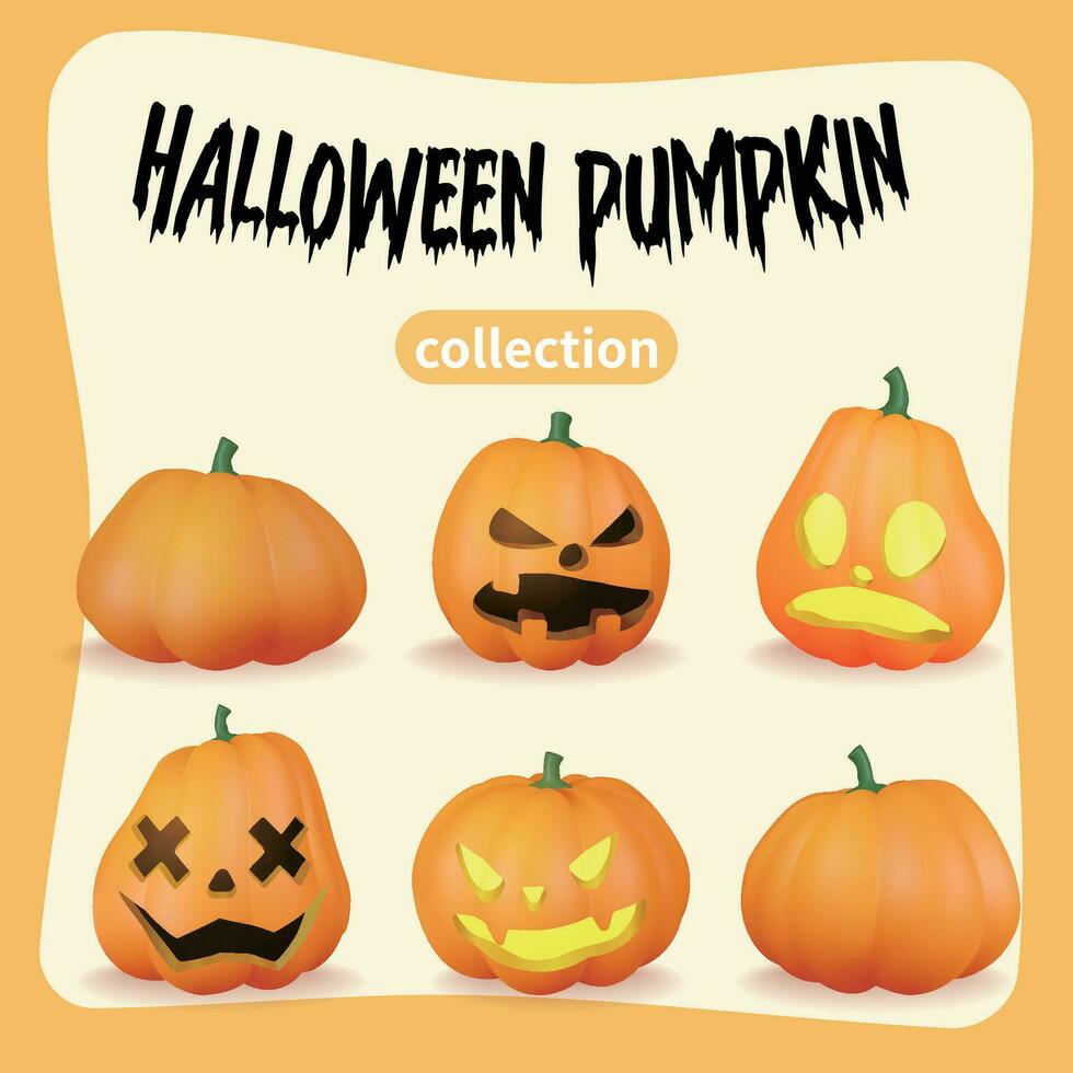 Creepy collection of Halloween pumpkins, a set of six pumpkins with four different funny faces vector