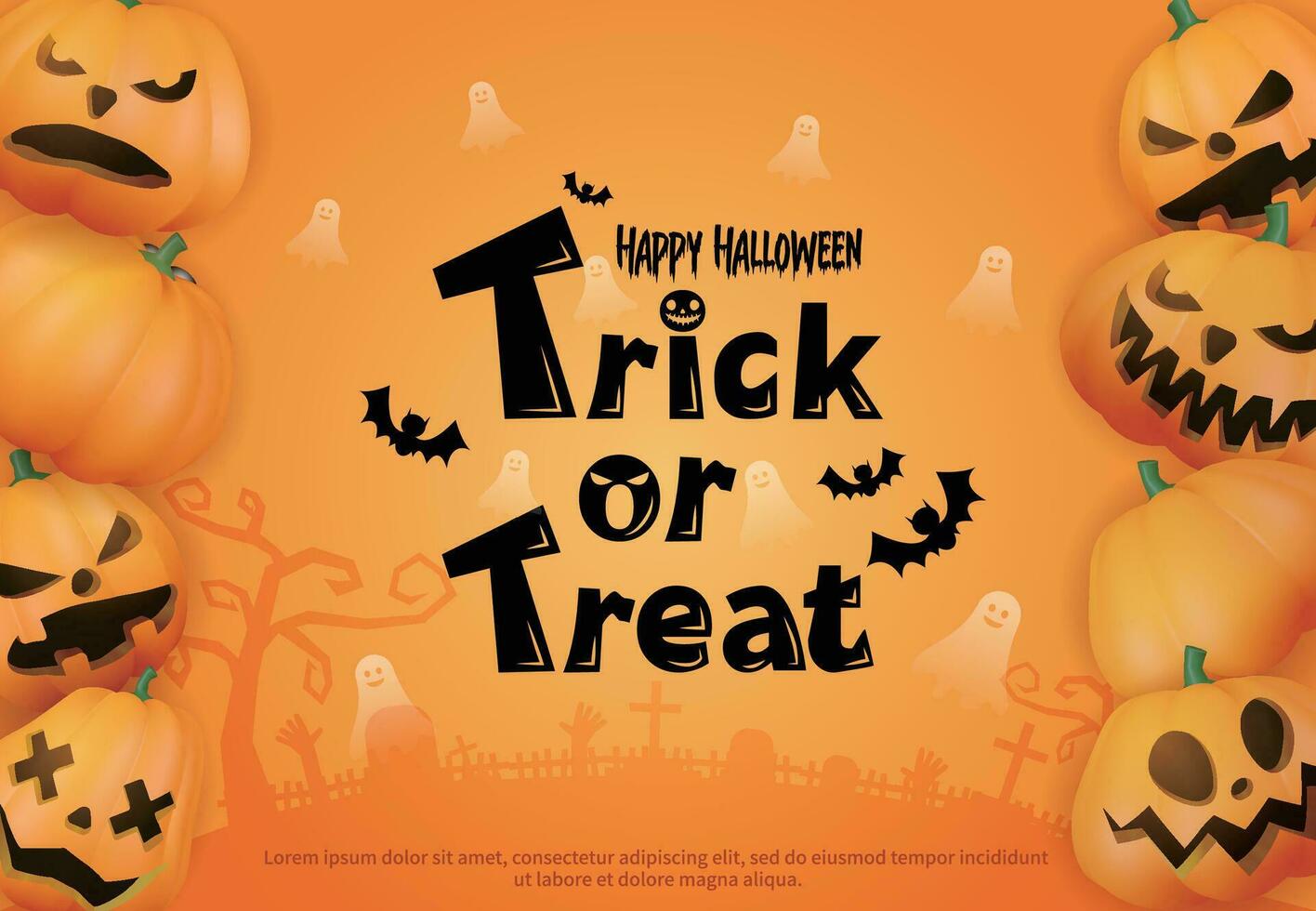 Trick or treat greeting card with pumpkins on orange background vector